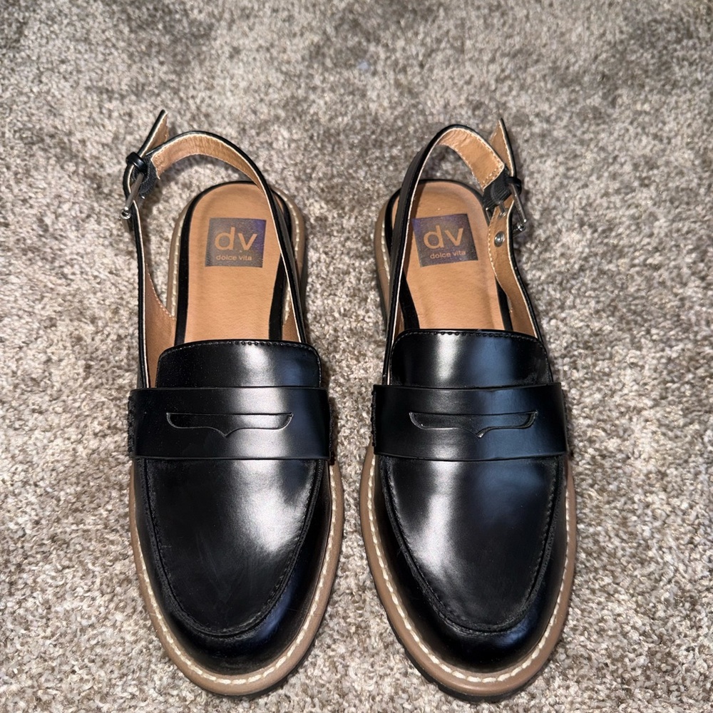 DV by Dolce Vita Women’s Black Leather Slingback Loafers with Tan Sole